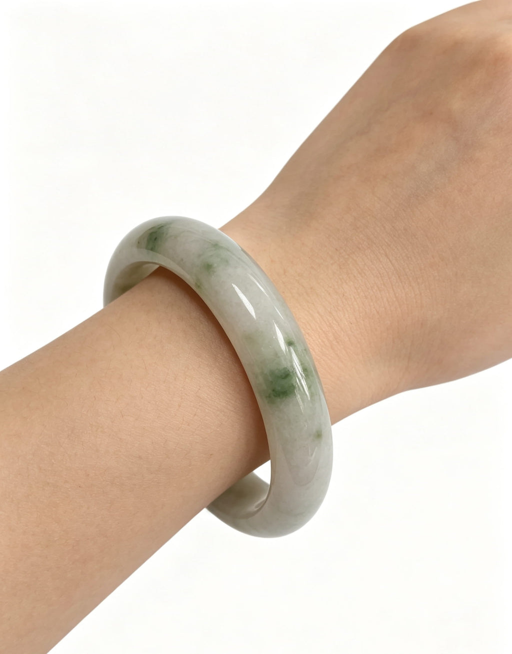 Glutinous Jadeite Wide Bangle, White Base with Floating Spicy Green, Classic Safe Bangle