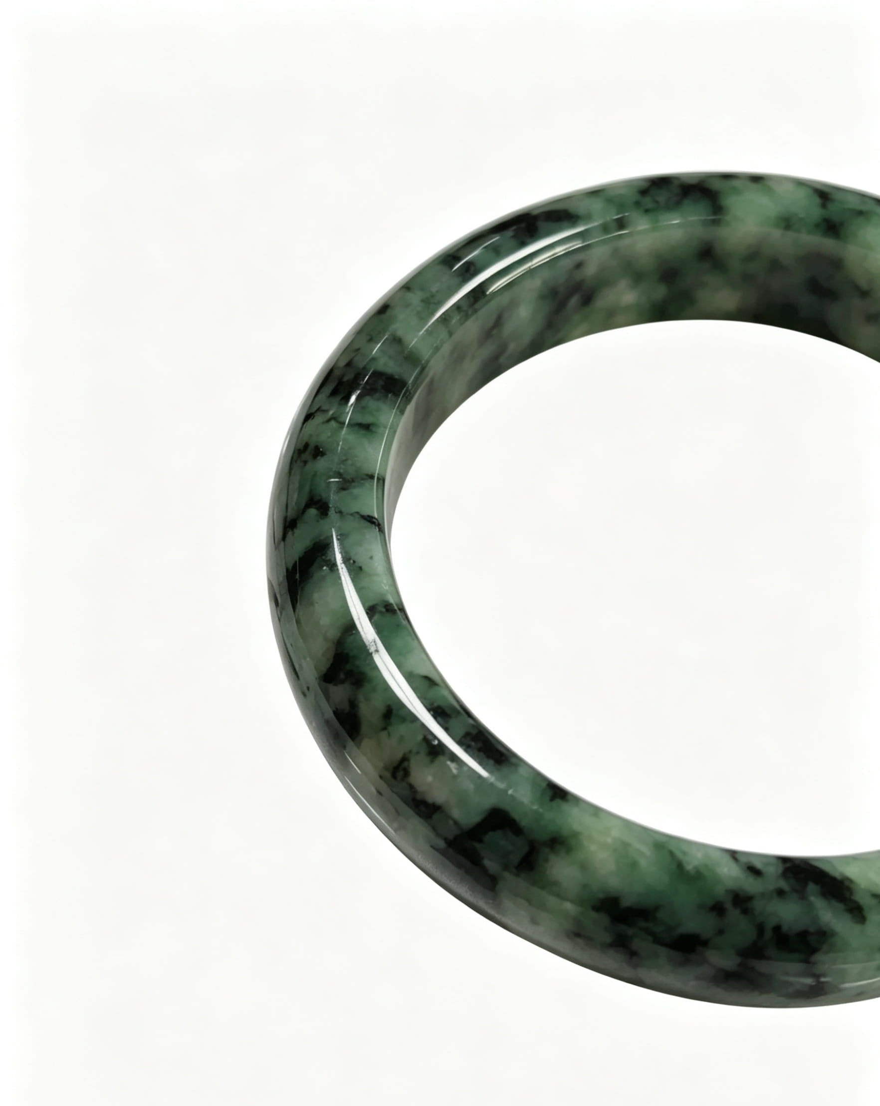 Vintage Green Flower Jadeite Wide Bangle, Bean-Glutinous Standard Round Safe Bangle