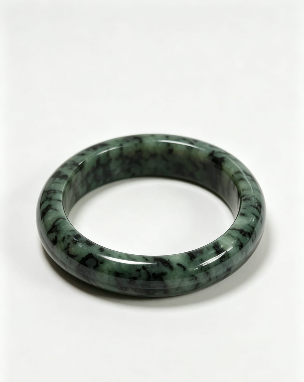 Vintage Green Flower Jadeite Wide Bangle, Bean-Glutinous Standard Round Safe Bangle