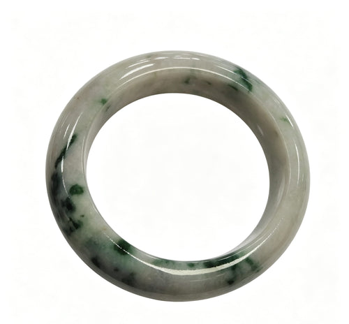Fine Glutinous Jadeite Wide Bangle, White Base with Floating Moss Green, Classic Safe Bangle
