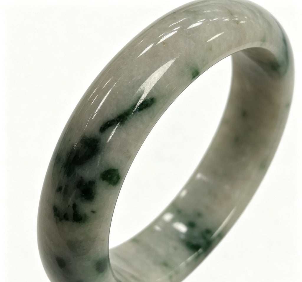 Fine Glutinous Jadeite Wide Bangle, White Base with Floating Moss Green, Classic Safe Bangle