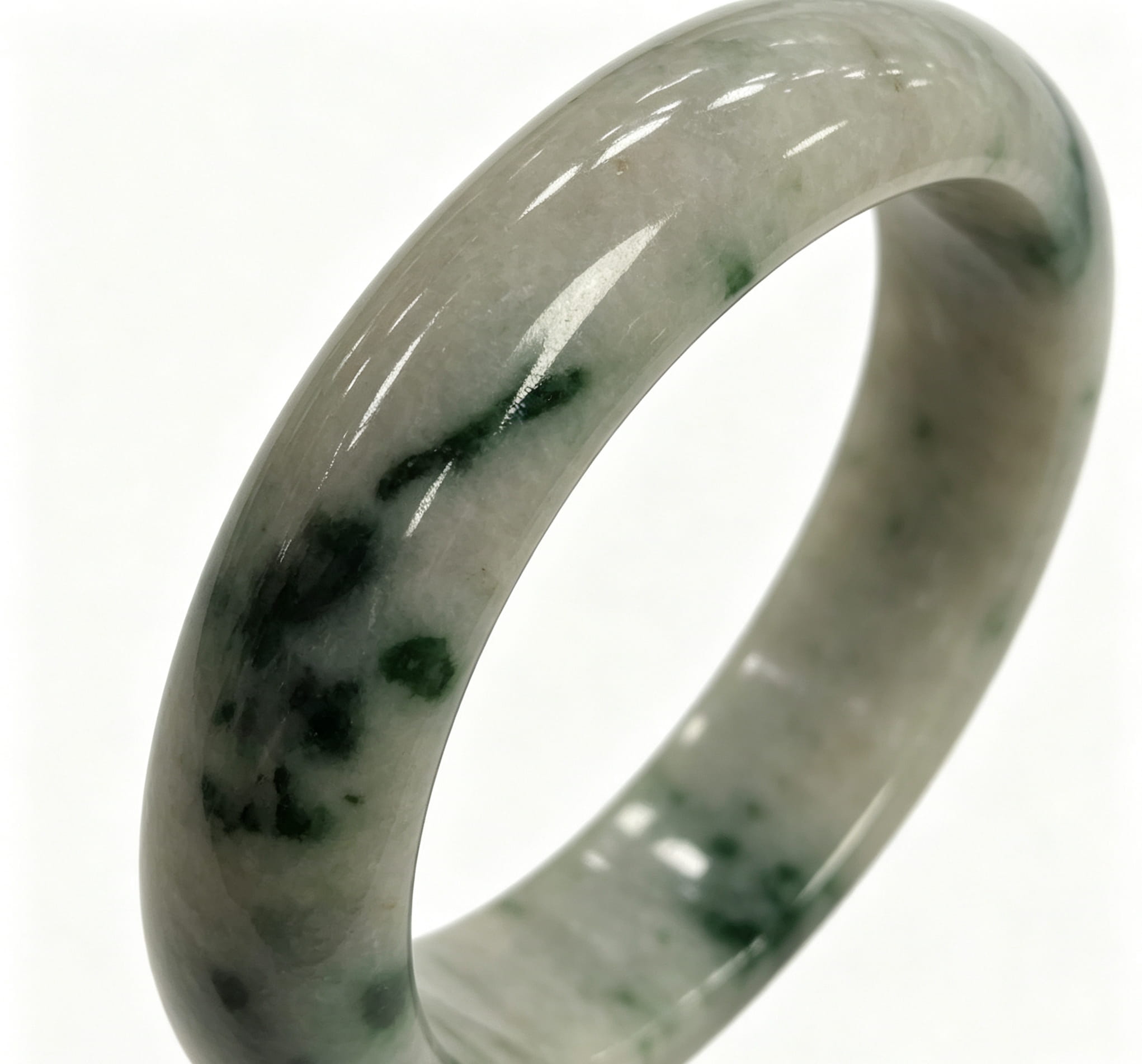 Fine Glutinous Jadeite Wide Bangle, White Base with Floating Moss Green, Classic Safe Bangle
