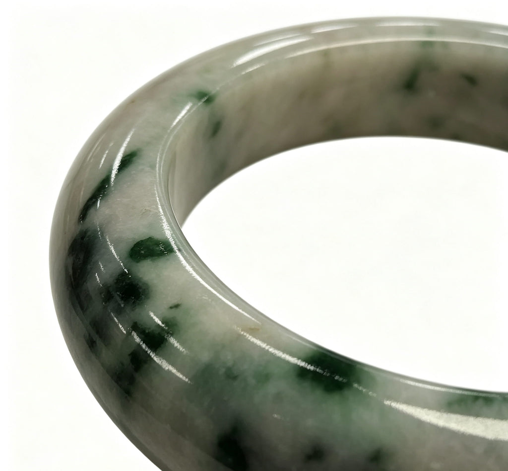 Fine Glutinous Jadeite Wide Bangle, White Base with Floating Moss Green, Classic Safe Bangle