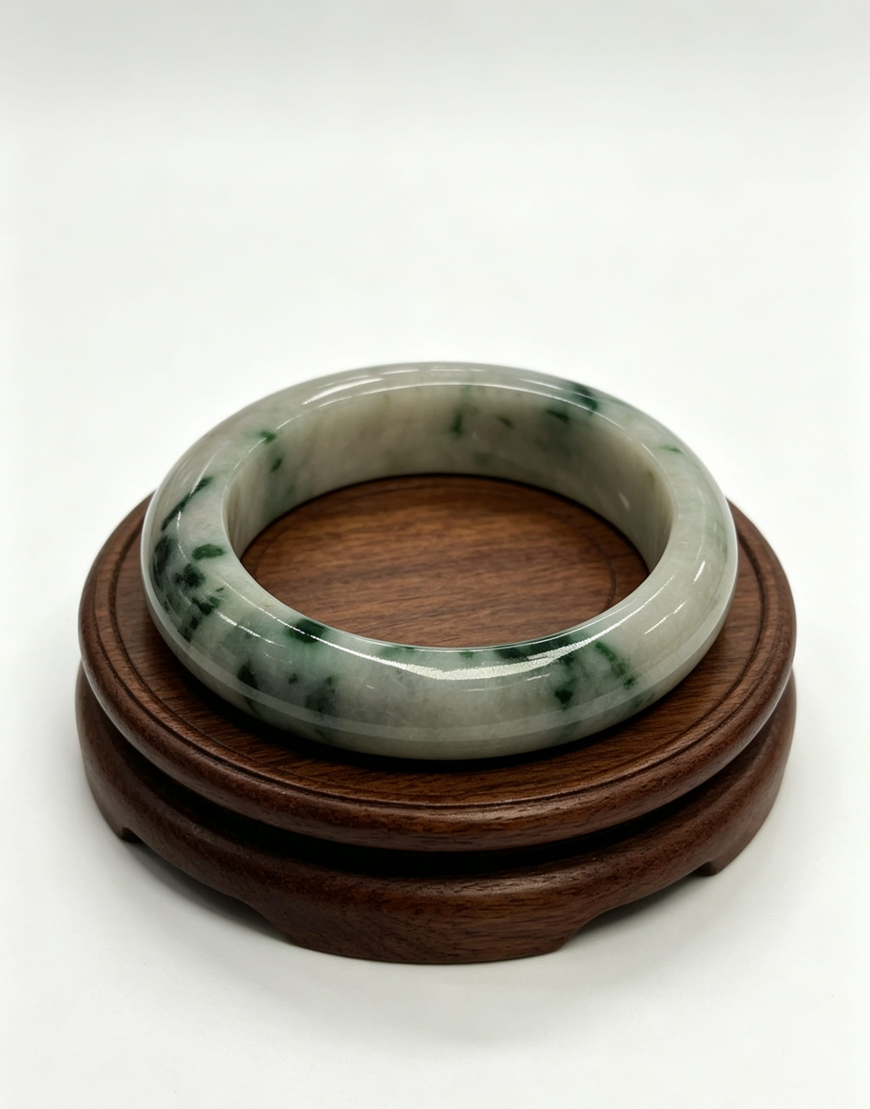 Fine Glutinous Jadeite Wide Bangle, White Base with Floating Moss Green, Classic Safe Bangle