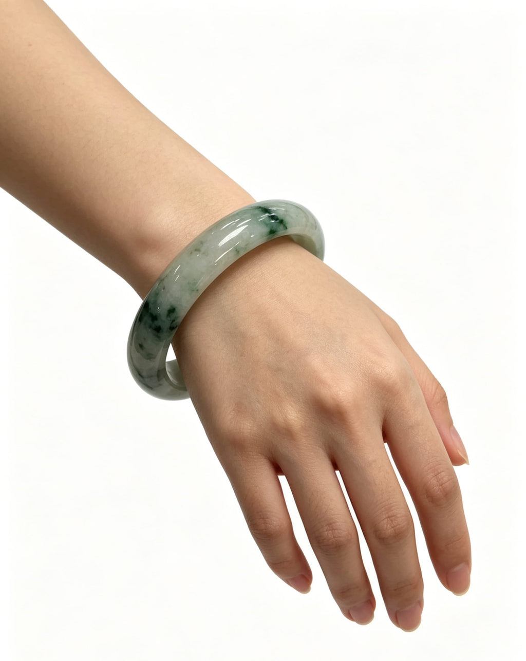 Fine Glutinous Jadeite Wide Bangle, White Base with Floating Moss Green, Classic Safe Bangle