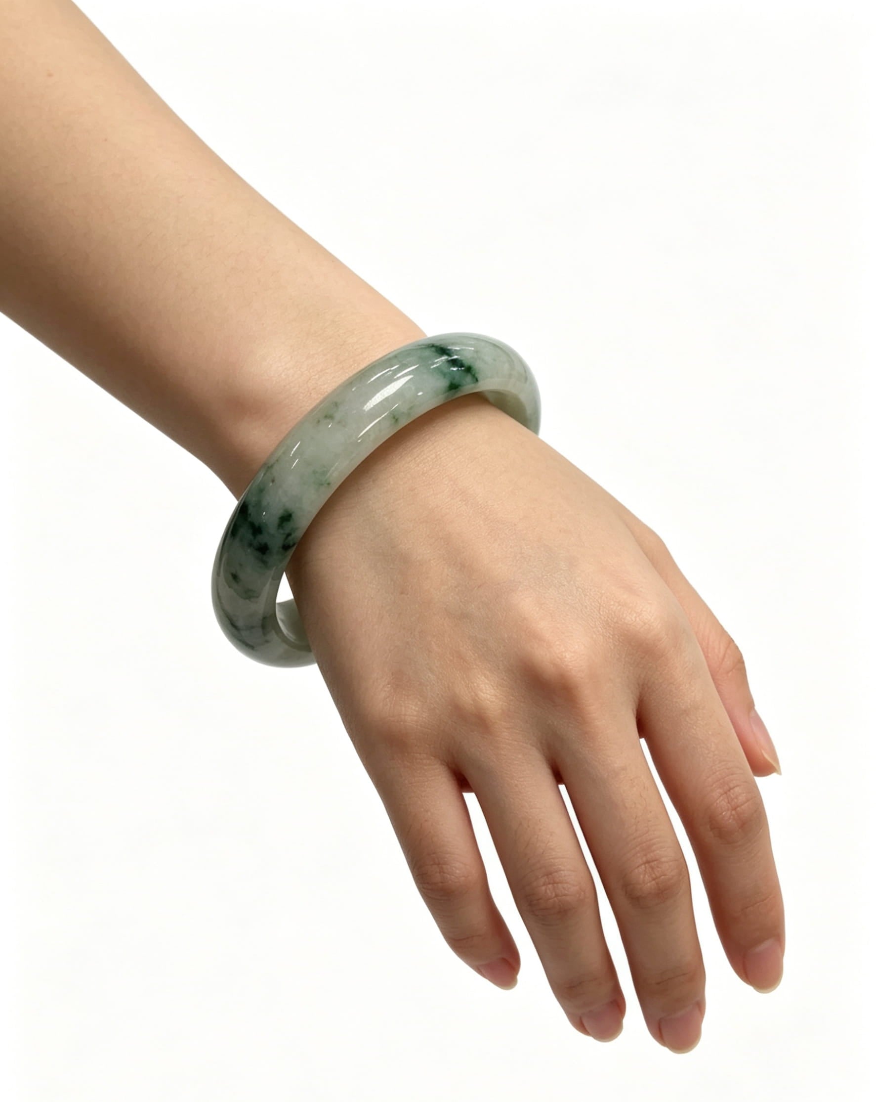 Fine Glutinous Jadeite Wide Bangle, White Base with Floating Moss Green, Classic Safe Bangle
