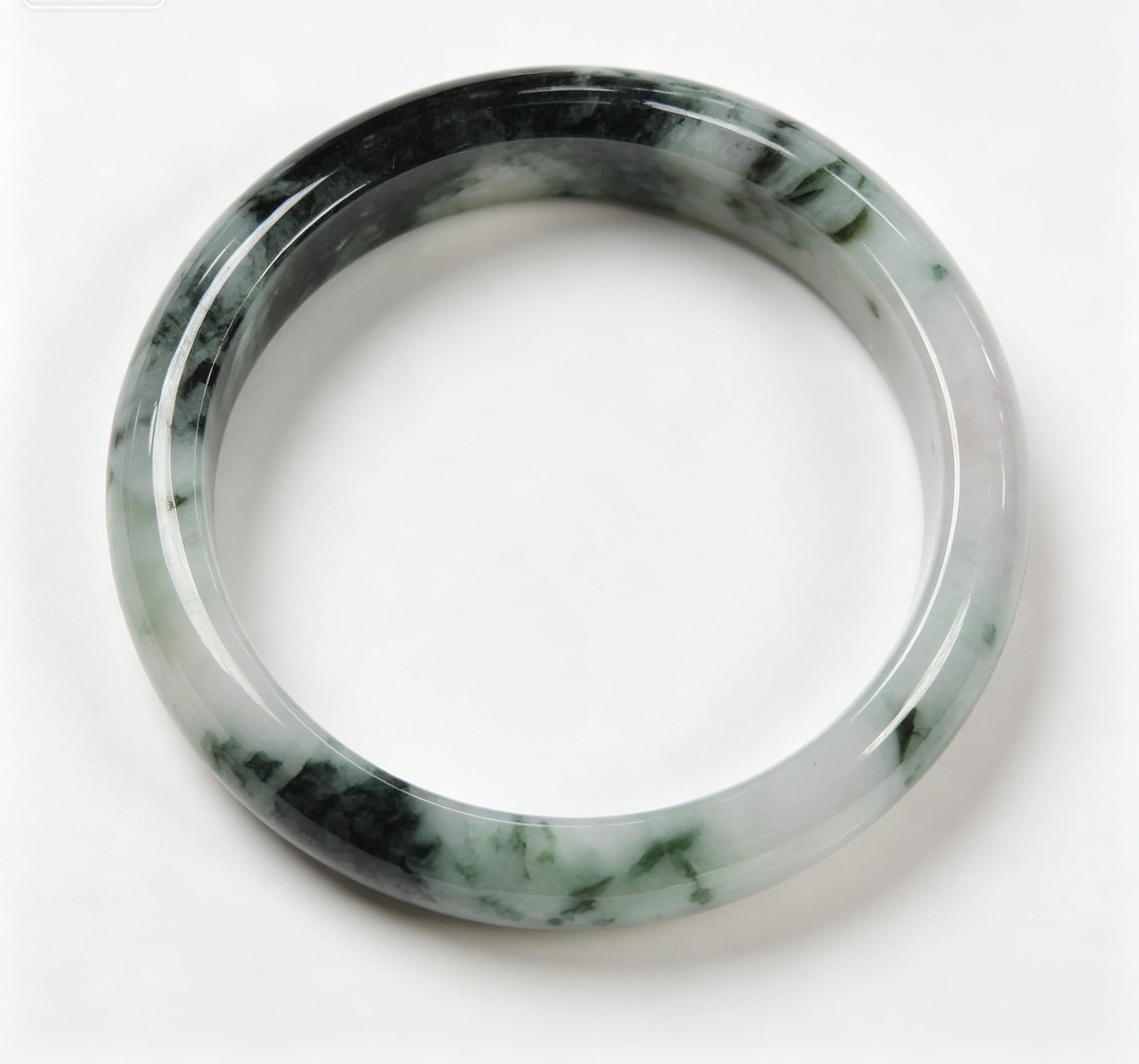 Fine Glutinous Jadeite Wide Bangle, Cyan-White Base with Ink-Wash Floating Moss Green, Classic Safe Bangle