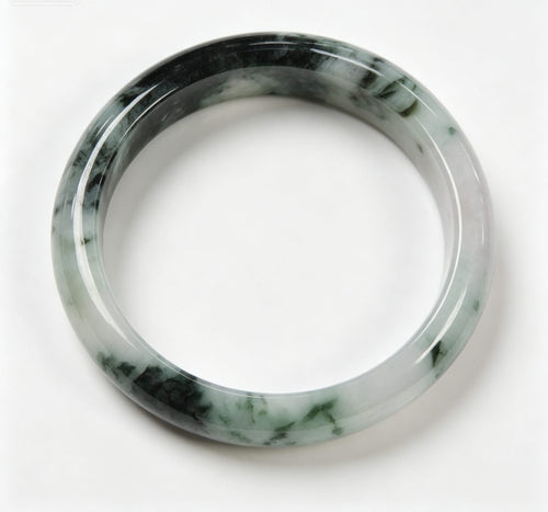 Fine Glutinous Jadeite Wide Bangle, Cyan-White Base with Ink-Wash Floating Moss Green, Classic Safe Bangle
