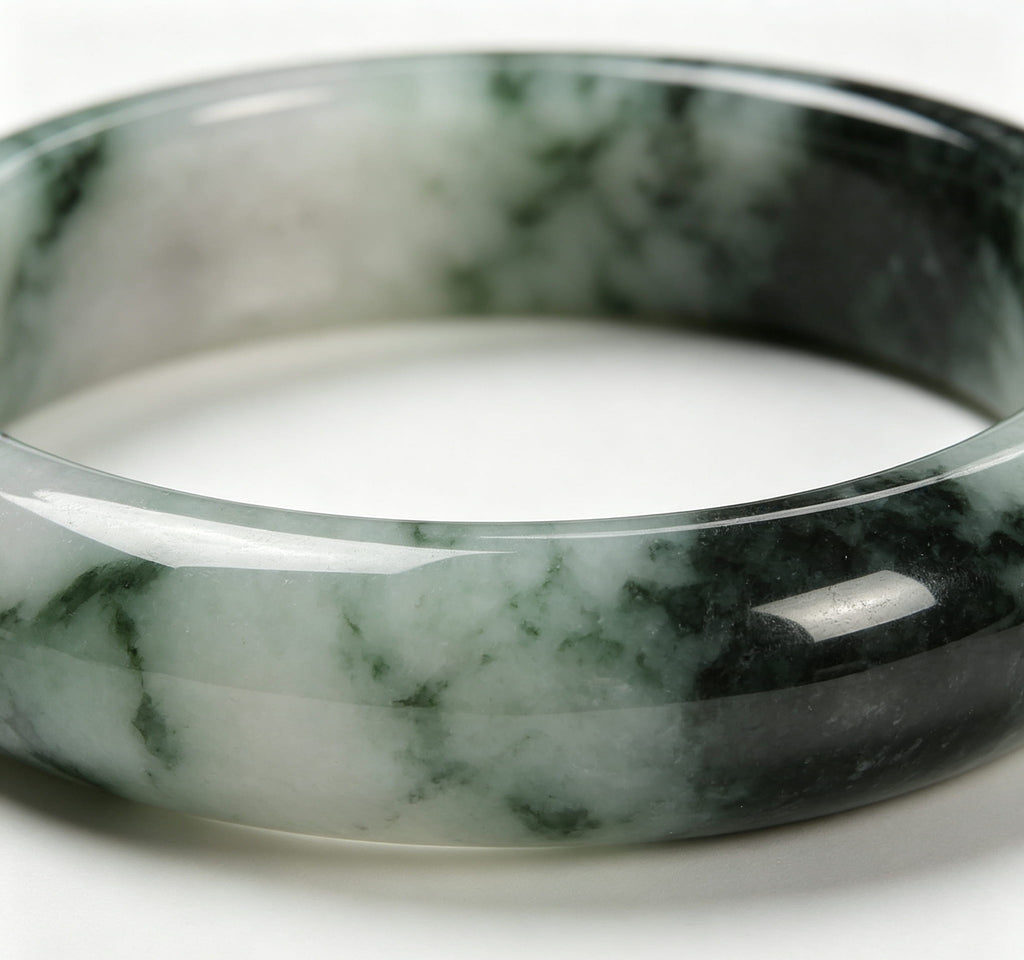Fine Glutinous Jadeite Wide Bangle, Cyan-White Base with Ink-Wash Floating Moss Green, Classic Safe Bangle