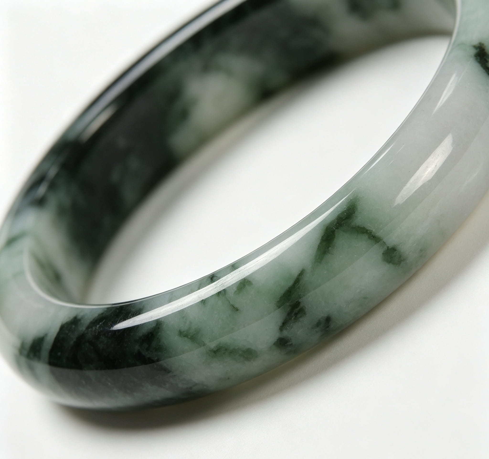 Fine Glutinous Jadeite Wide Bangle, Cyan-White Base with Ink-Wash Floating Moss Green, Classic Safe Bangle