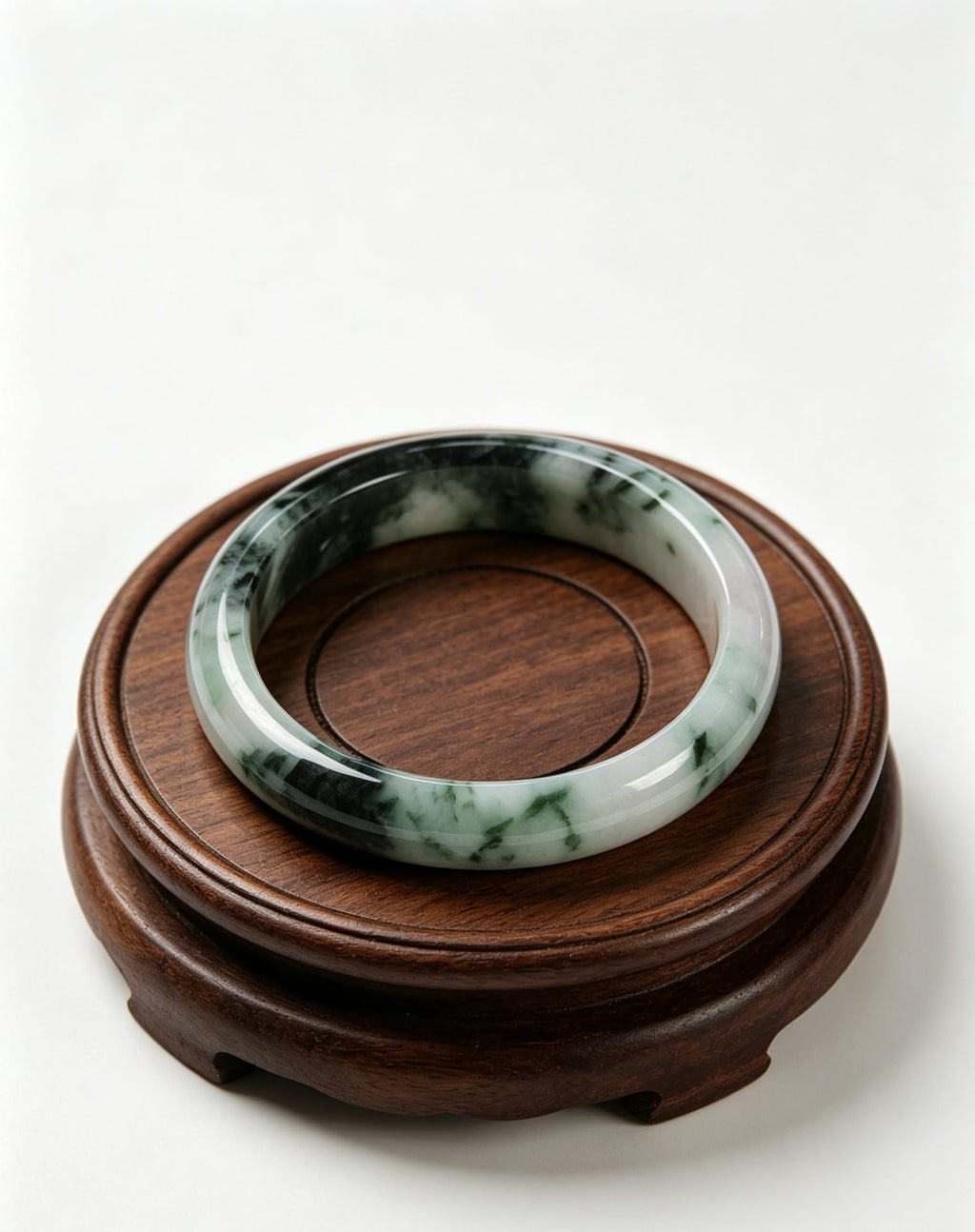 Fine Glutinous Jadeite Wide Bangle, Cyan-White Base with Ink-Wash Floating Moss Green, Classic Safe Bangle