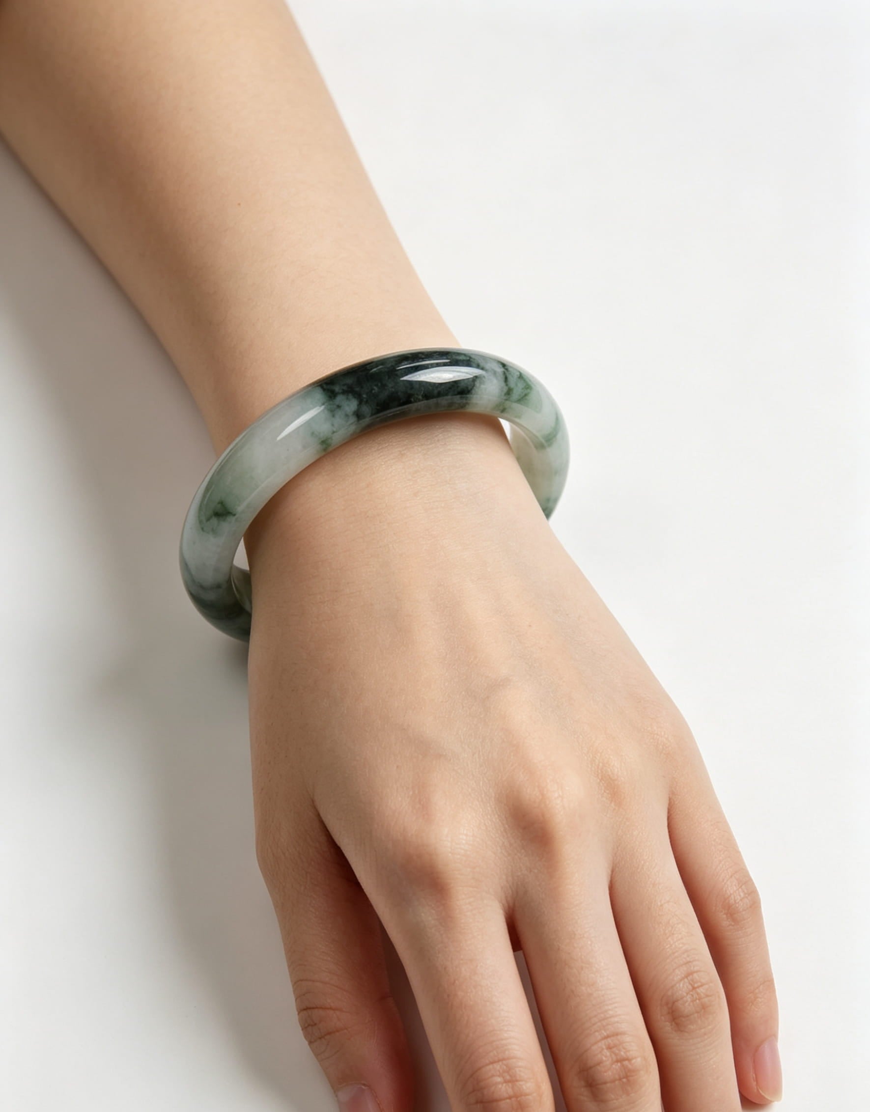 Fine Glutinous Jadeite Wide Bangle, Cyan-White Base with Ink-Wash Floating Moss Green, Classic Safe Bangle