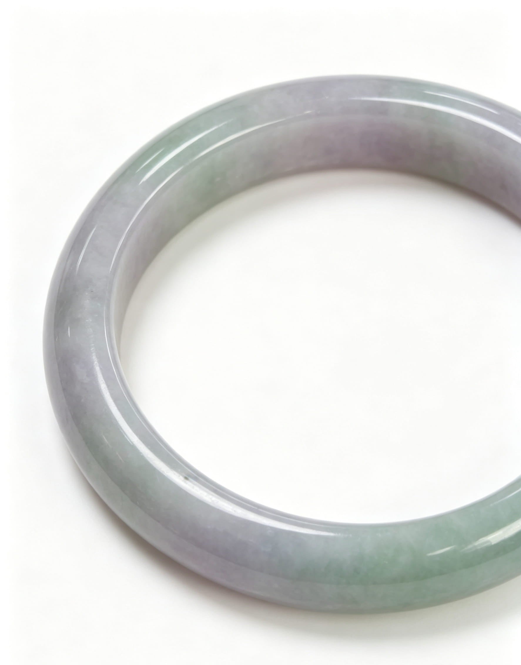 Glutinous Jadeite Wide Bangle, Light Lavender White Base with Half Light Bean Green, Spring with Color Classic Safe Bangle