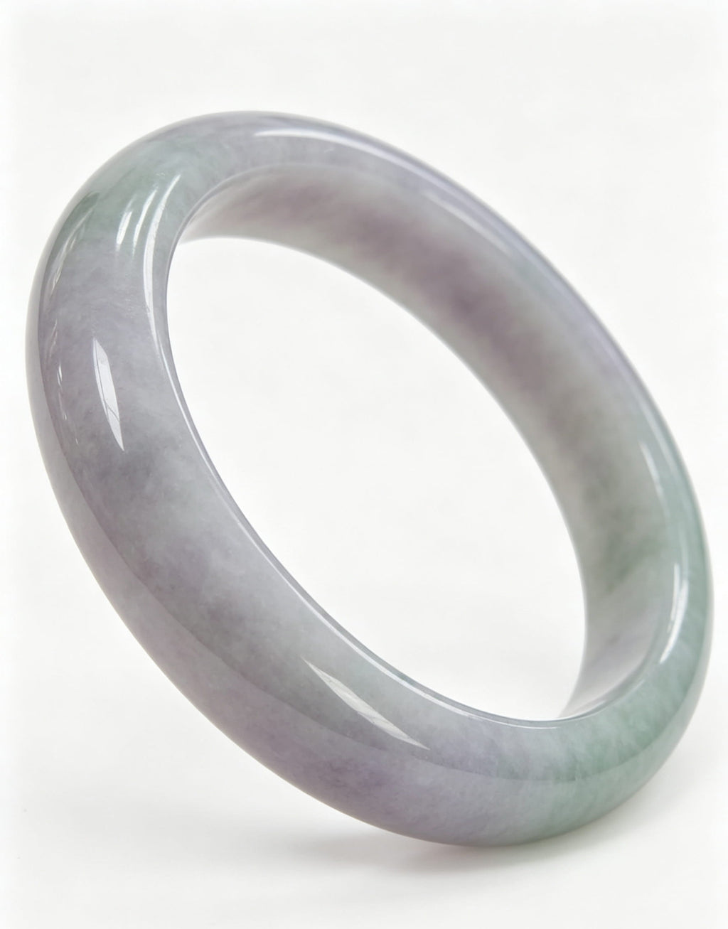 Glutinous Jadeite Wide Bangle, Light Lavender White Base with Half Light Bean Green, Spring with Color Classic Safe Bangle