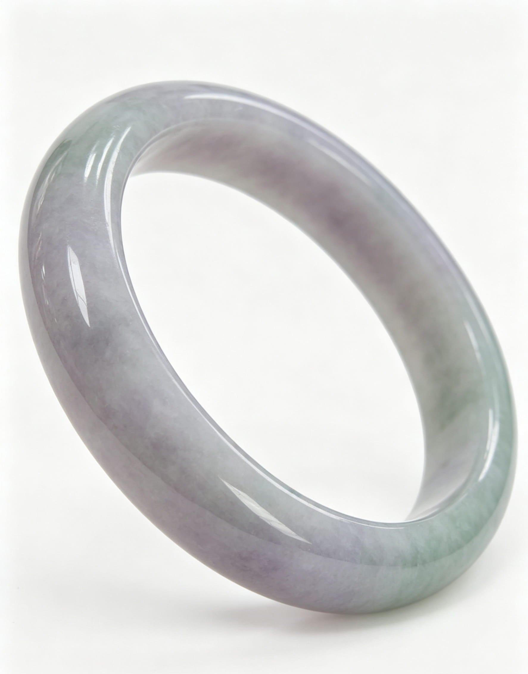 Glutinous Jadeite Wide Bangle, Light Lavender White Base with Half Light Bean Green, Spring with Color Classic Safe Bangle