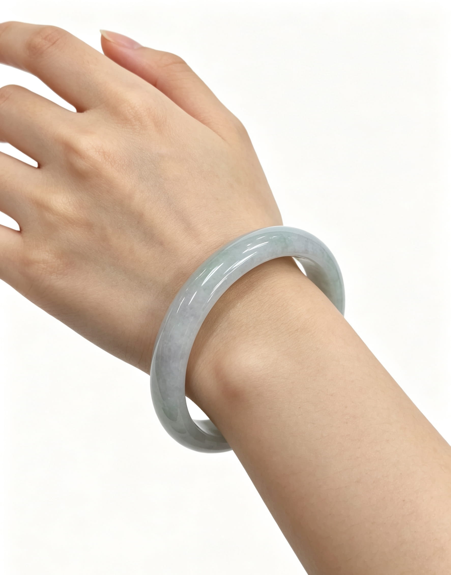 Glutinous Jadeite Wide Bangle, Light Lavender White Base with Half Light Bean Green, Spring with Color Classic Safe Bangle