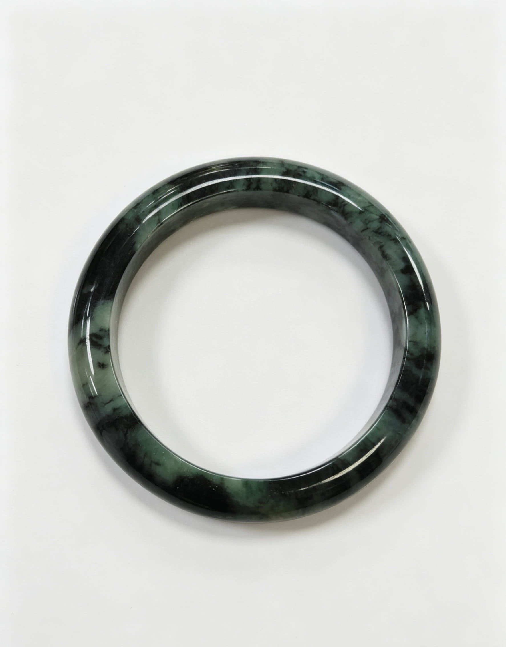 Glutinous Jadeite Wide Bangle, Mottled Green with Moss and Dark Green, Classic Safe Bangle