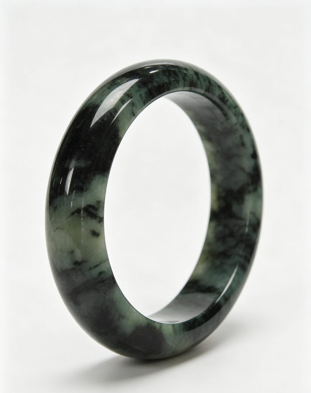 Glutinous Jadeite Wide Bangle, Mottled Green with Moss and Dark Green, Classic Safe Bangle