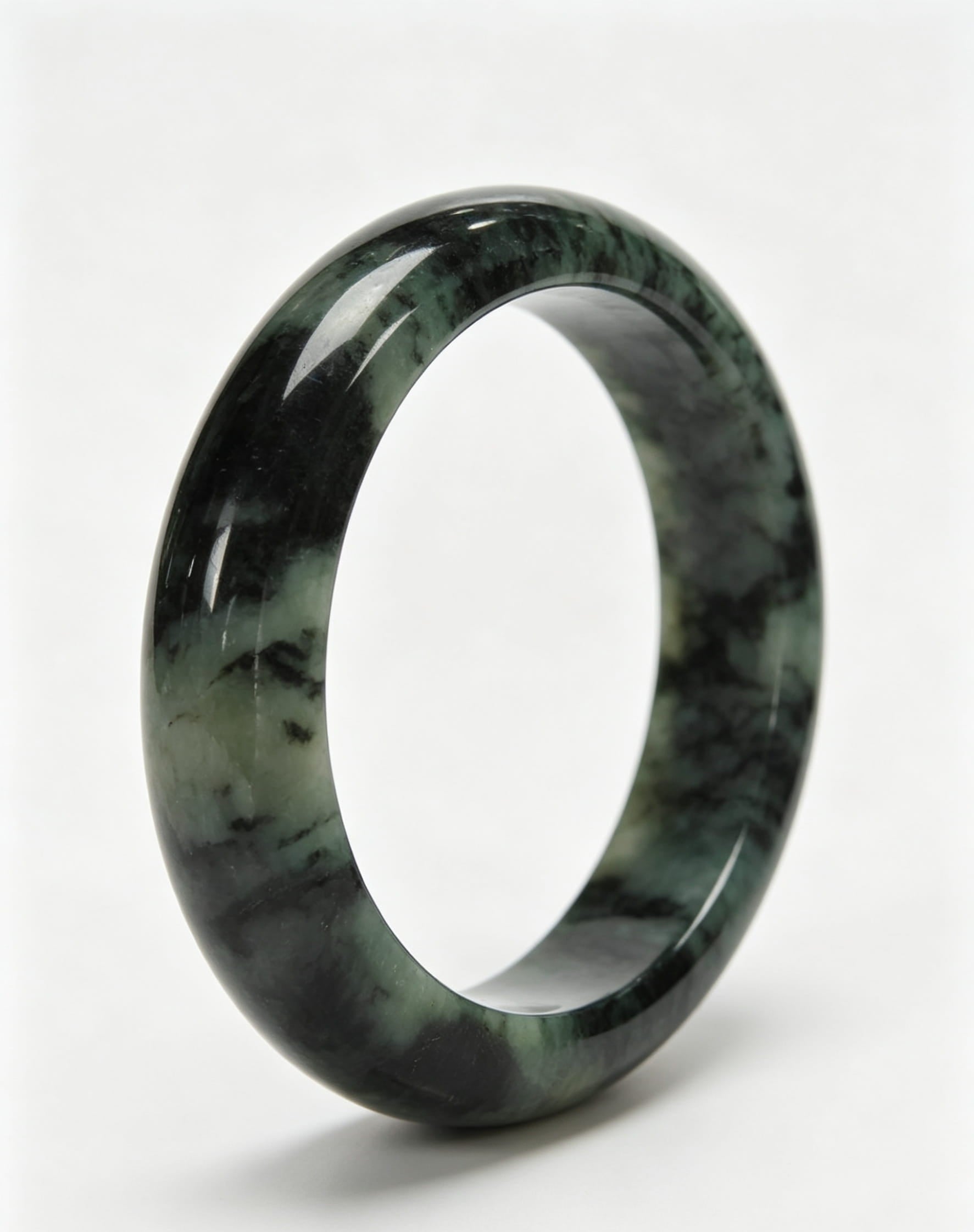 Glutinous Jadeite Wide Bangle, Mottled Green with Moss and Dark Green, Classic Safe Bangle