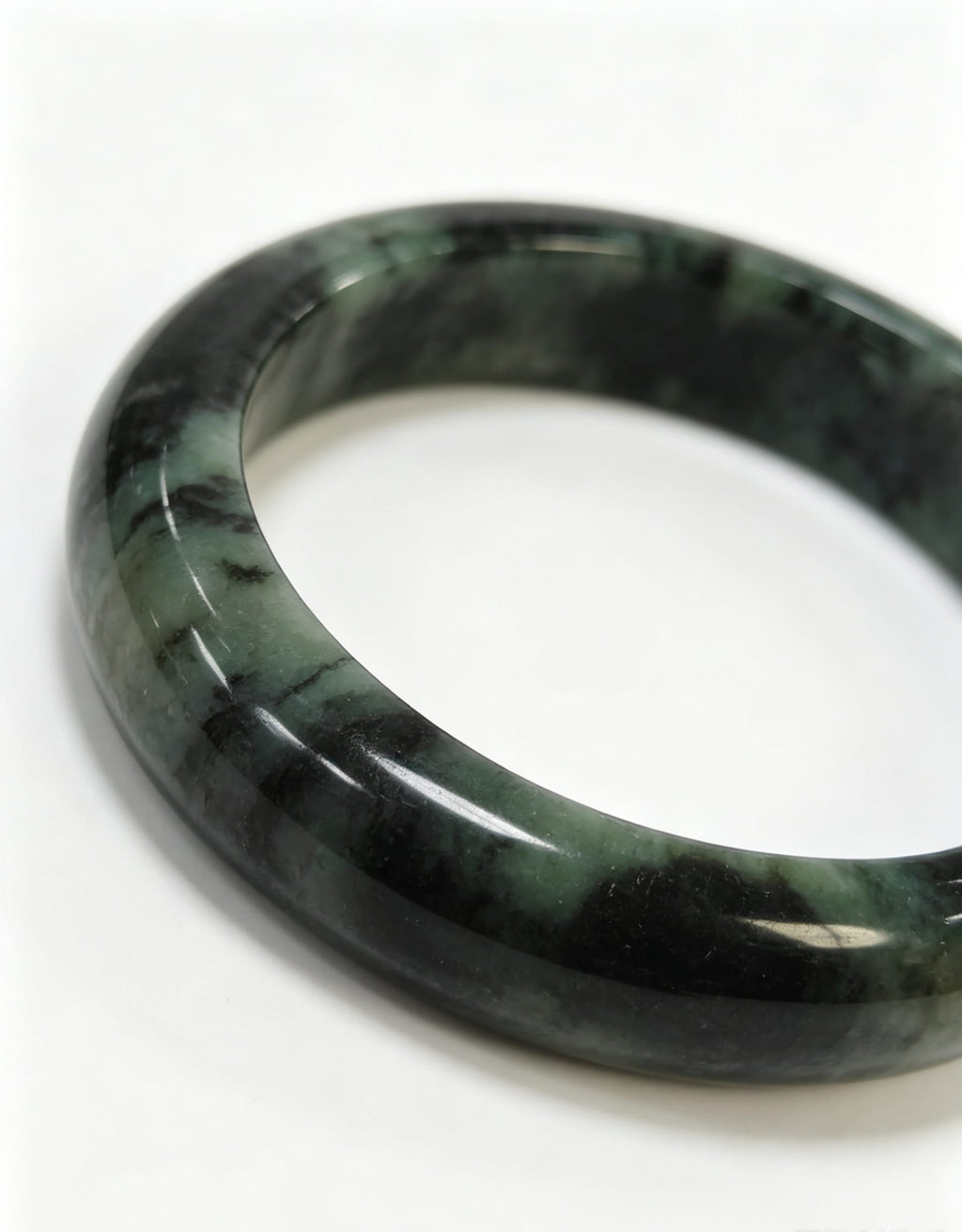 Glutinous Jadeite Wide Bangle, Mottled Green with Moss and Dark Green, Classic Safe Bangle