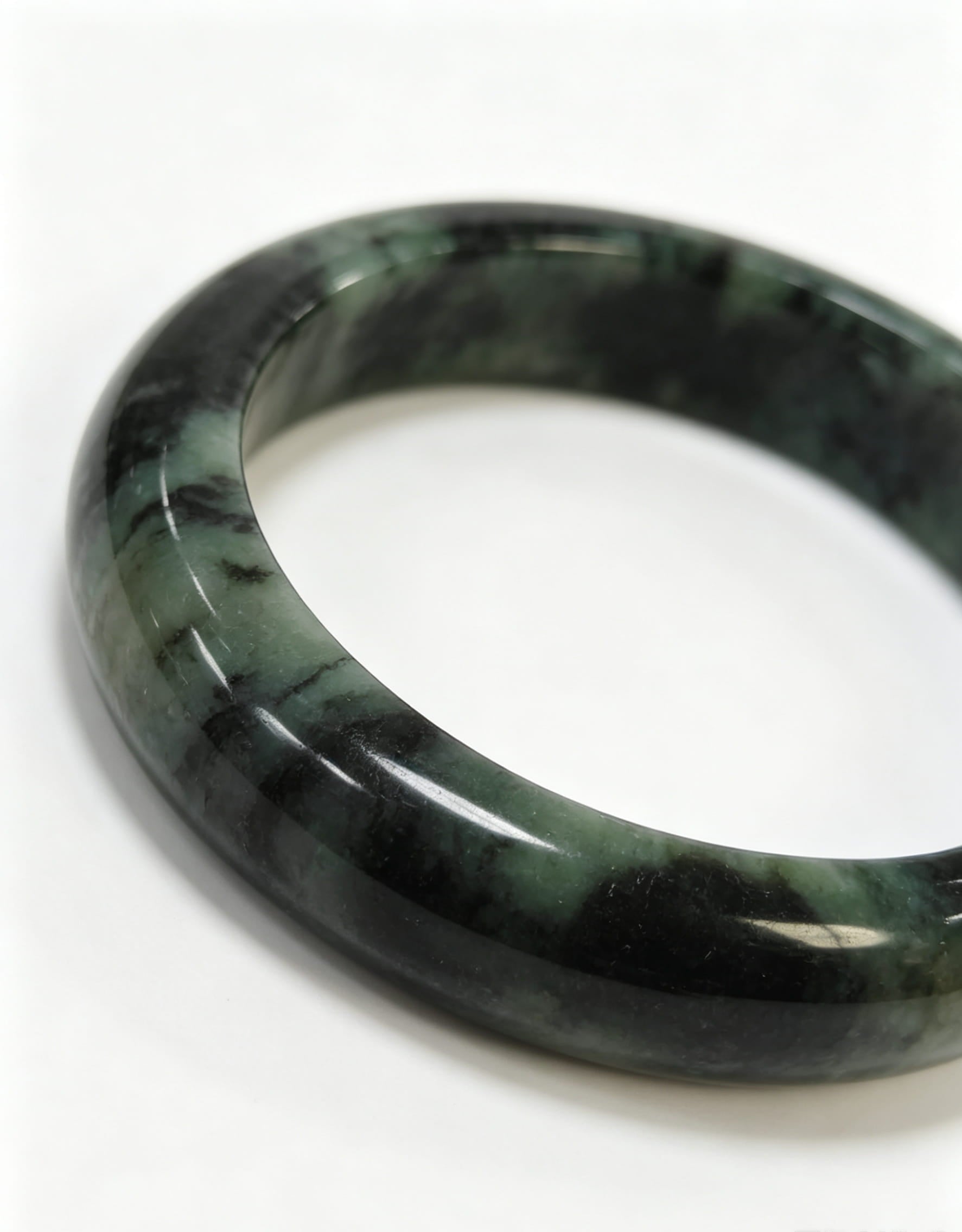 Glutinous Jadeite Wide Bangle, Mottled Green with Moss and Dark Green, Classic Safe Bangle