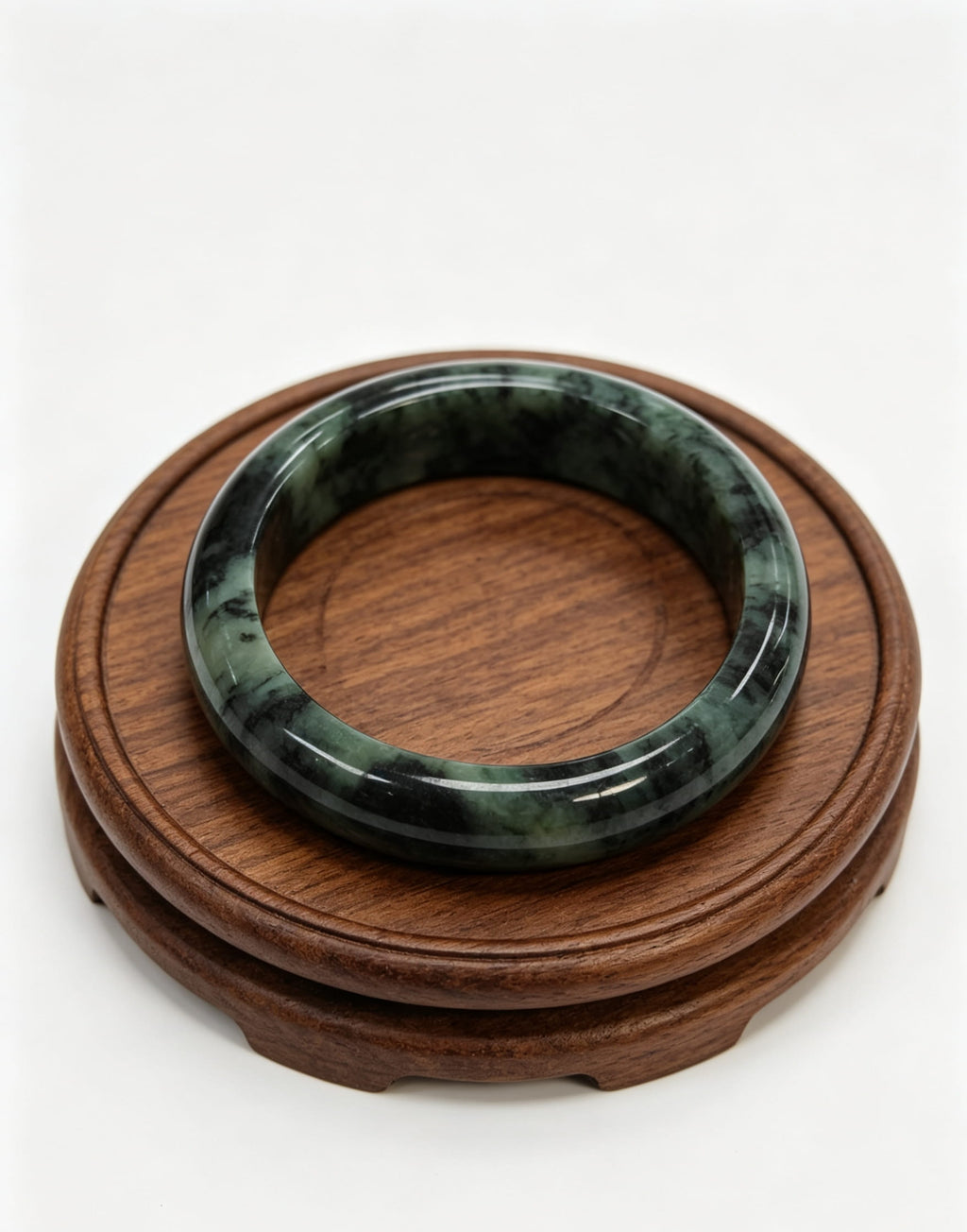 Glutinous Jadeite Wide Bangle, Mottled Green with Moss and Dark Green, Classic Safe Bangle