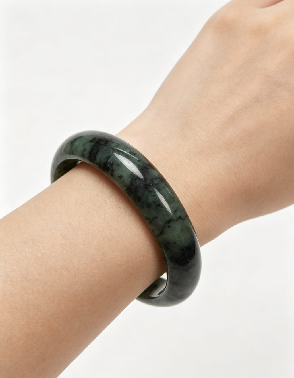 Glutinous Jadeite Wide Bangle, Mottled Green with Moss and Dark Green, Classic Safe Bangle