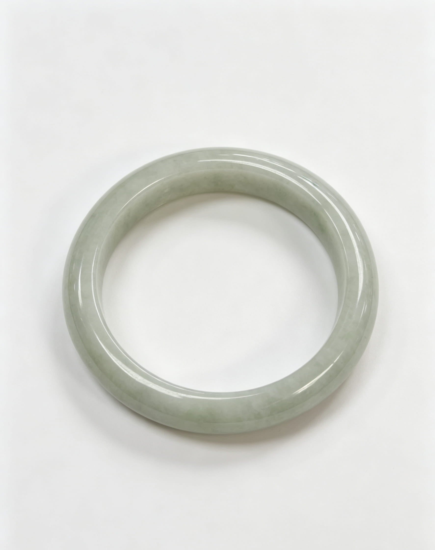 Glutinous Jadeite Wide Bangle, Light Cyan Base with Light Bean Green, Classic Safe Bangle
