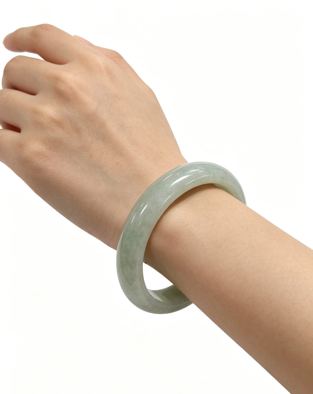 Glutinous Jadeite Wide Bangle, Light Cyan Base with Light Bean Green, Classic Safe Bangle