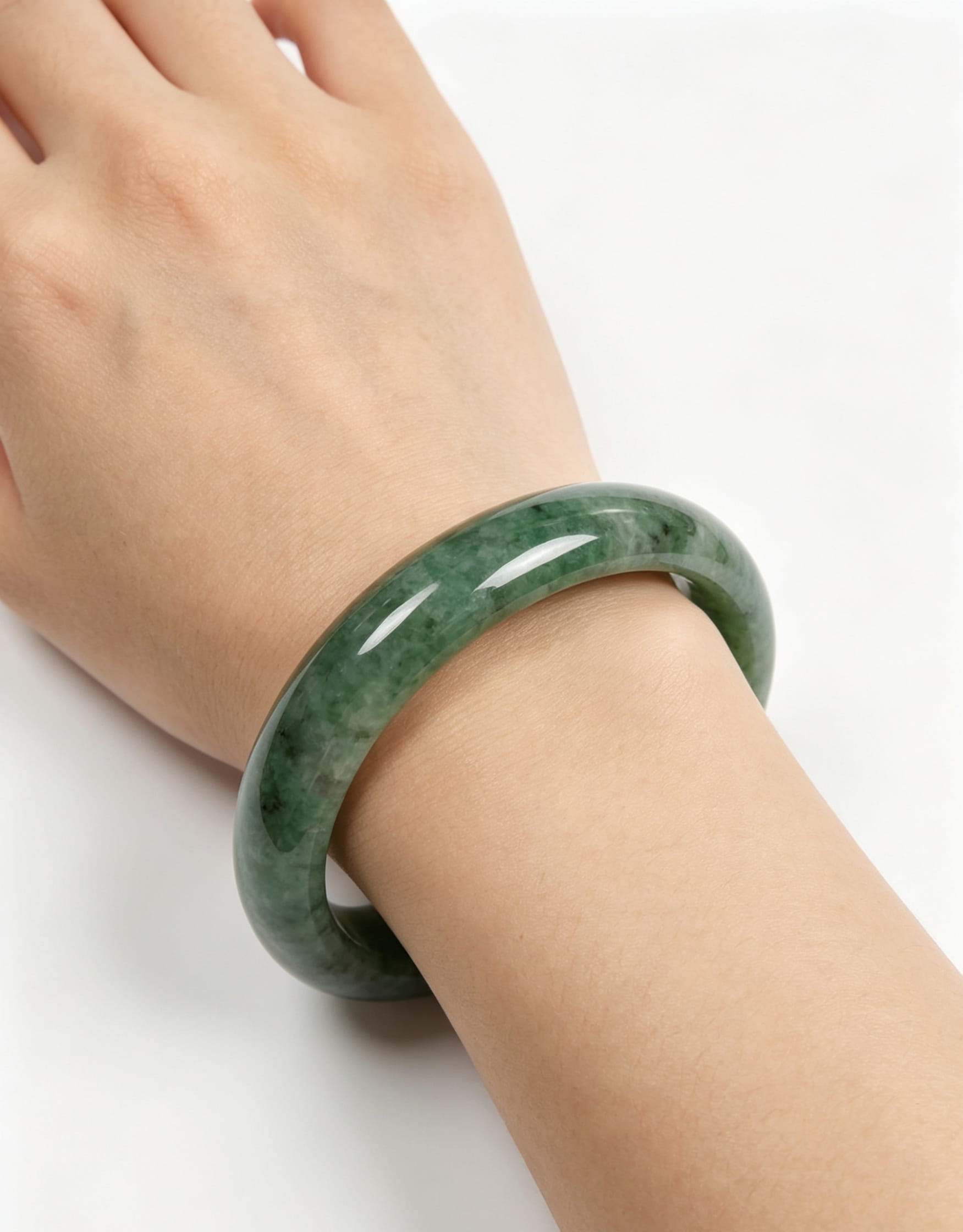 Full Bean Green Jadeite Wide Bangle, Bean-Glutinous Classic Safe Bangle with Black Spots