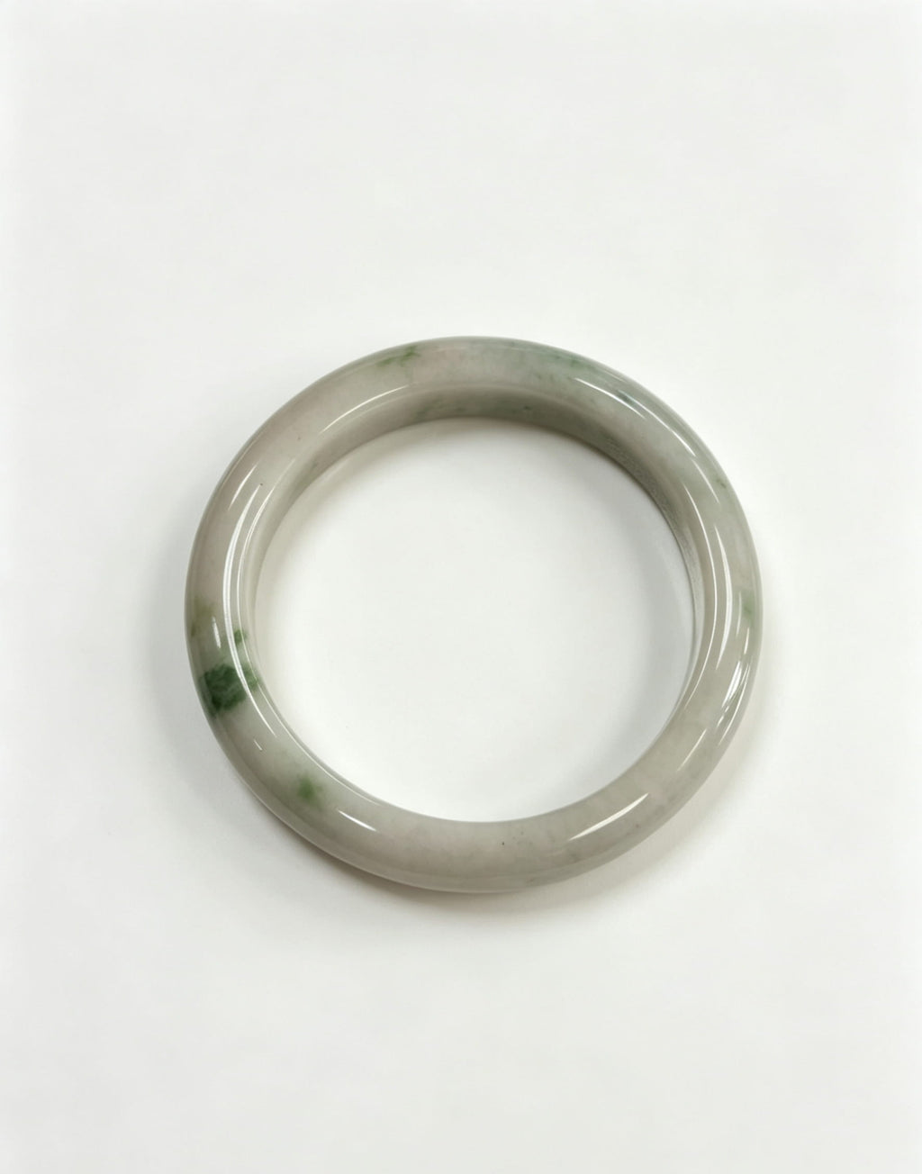 Glutinous Jadeite Wide Bangle, White Base with Floating Spicy Green, Classic Safe Bangle