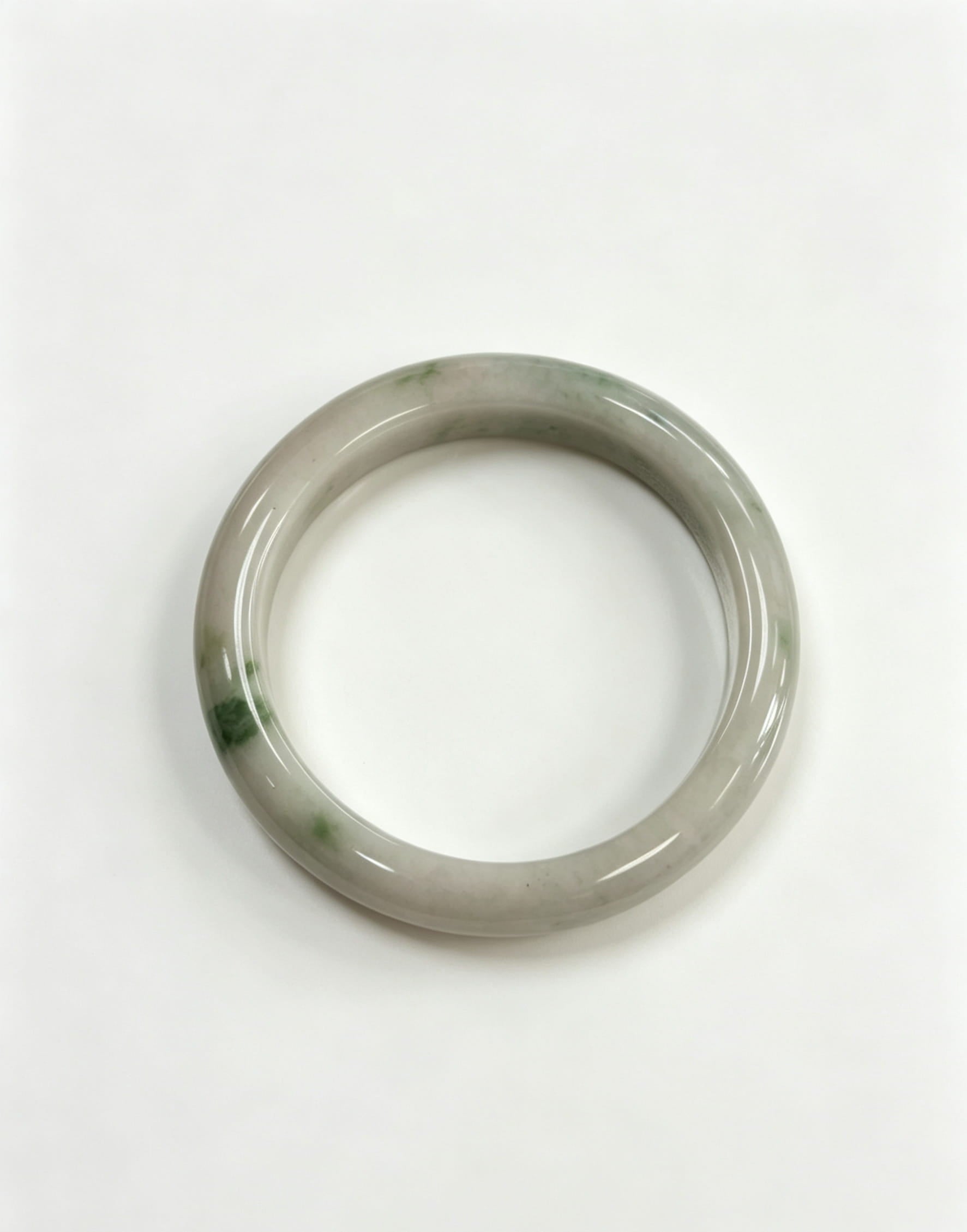 Glutinous Jadeite Wide Bangle, White Base with Floating Spicy Green, Classic Safe Bangle