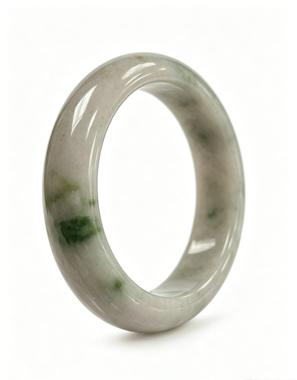 Glutinous Jadeite Wide Bangle, White Base with Floating Spicy Green, Classic Safe Bangle