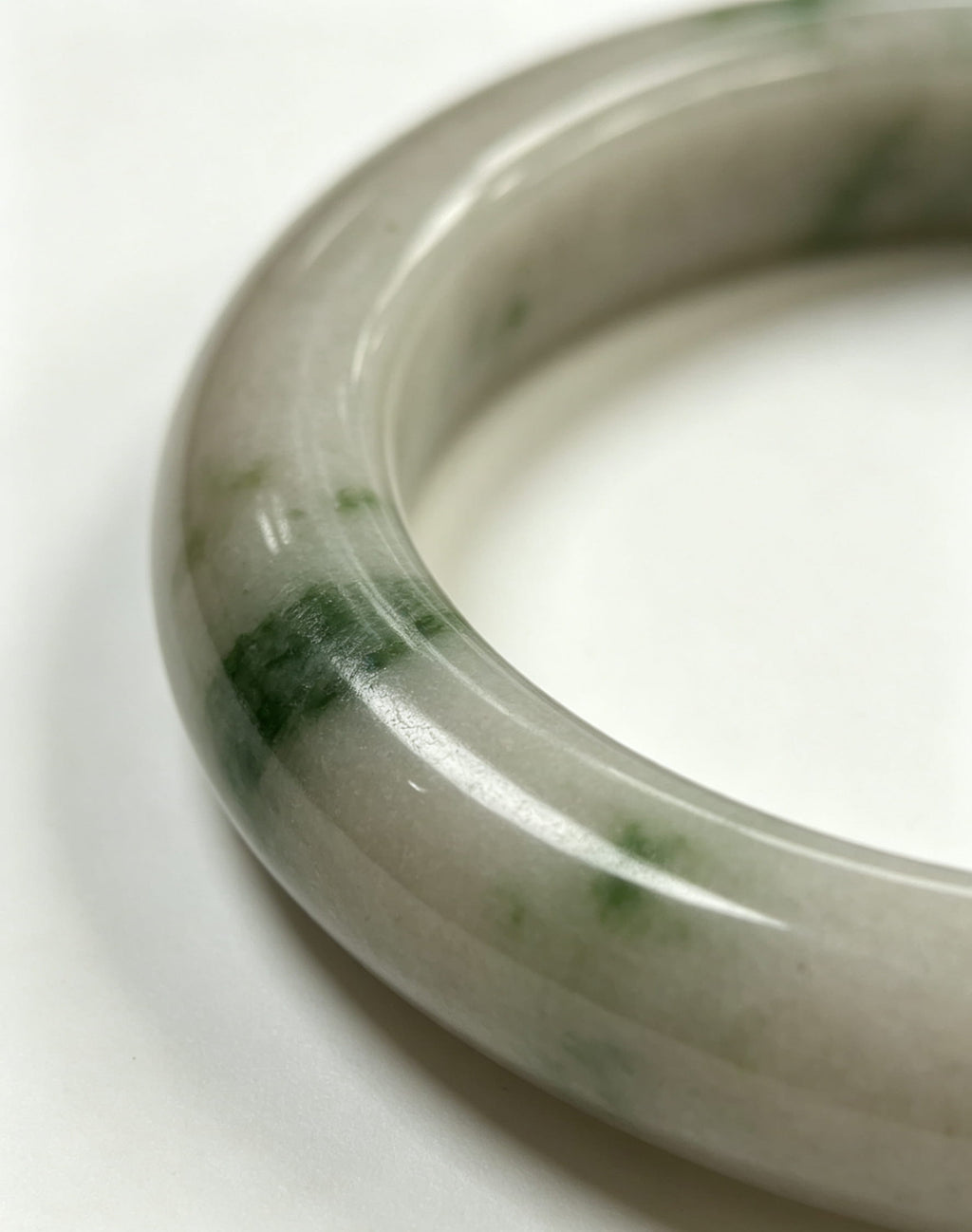 Glutinous Jadeite Wide Bangle, White Base with Floating Spicy Green, Classic Safe Bangle
