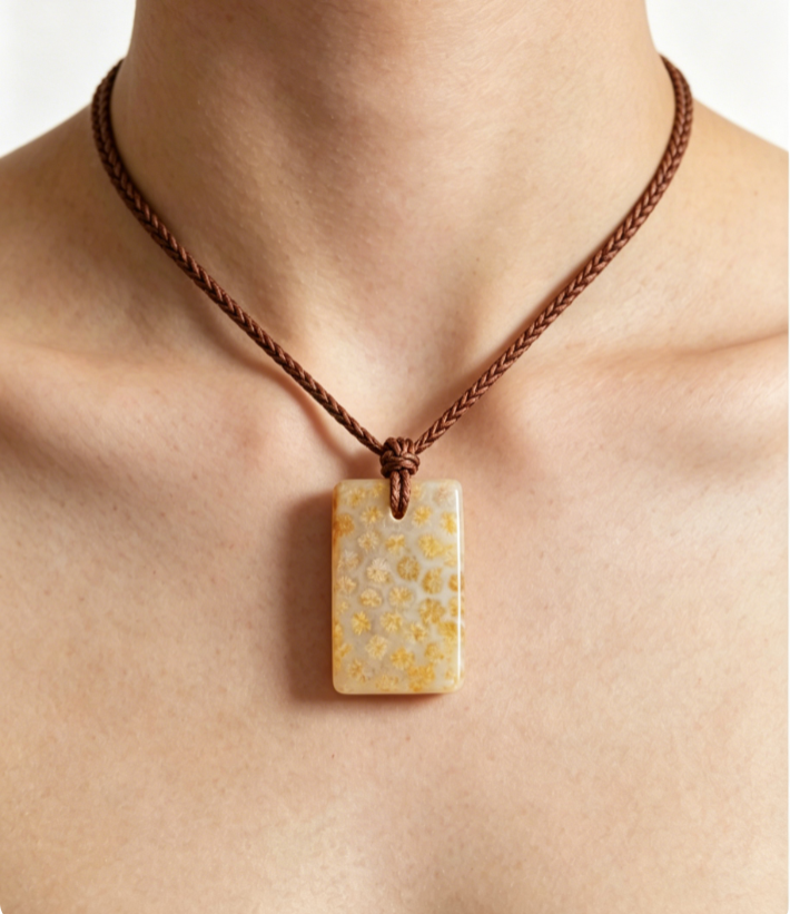 Yellow coral jade square plaque pendant