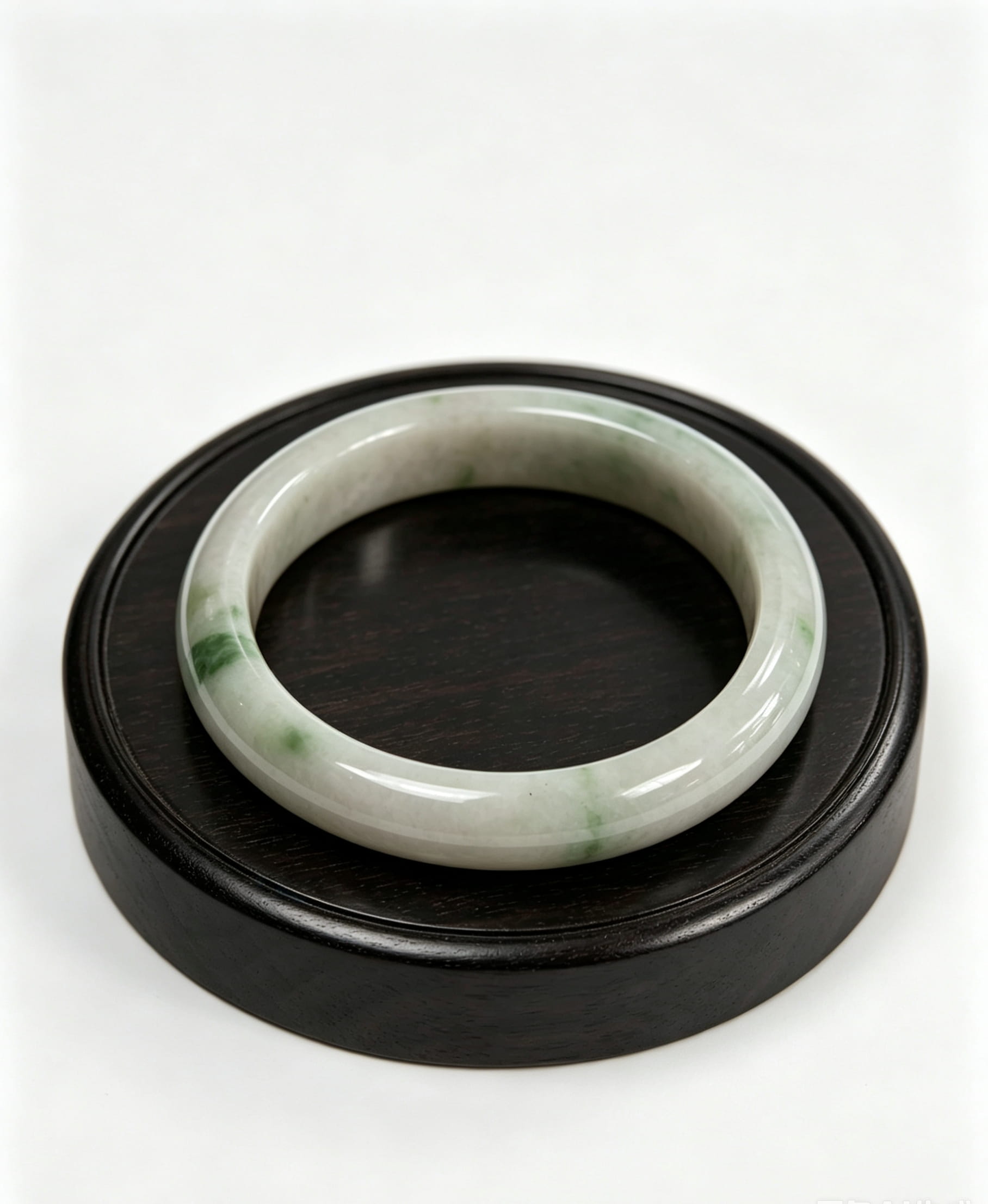 Glutinous Jadeite Wide Bangle, White Base with Floating Spicy Green, Classic Safe Bangle