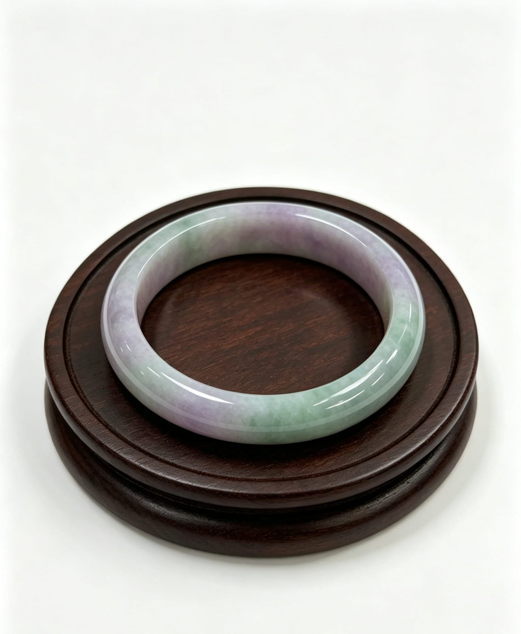 Glutinous Jadeite Wide Bangle, Light Lavender White Base with Half Light Bean Green, Spring with Color Classic Safe Bangle