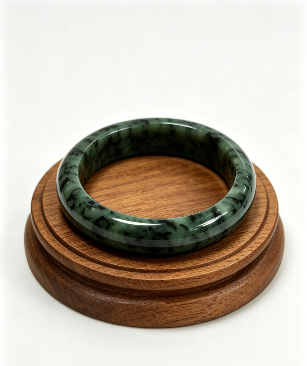 Vintage Green Flower Jadeite Wide Bangle, Bean-Glutinous Standard Round Safe Bangle